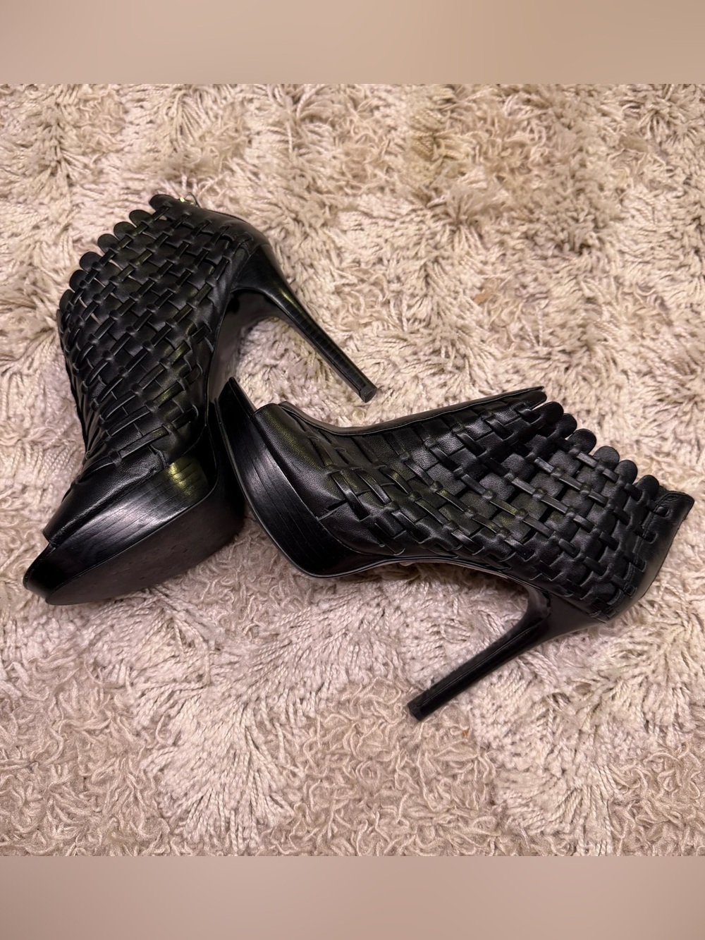 Calvin Klein Celise Black Woven Leather Peep Toe Bootie Heels Size 8M